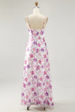 Purple Flower A Line Spaghetti Straps Front Knot Print Maxi Dress with Slit