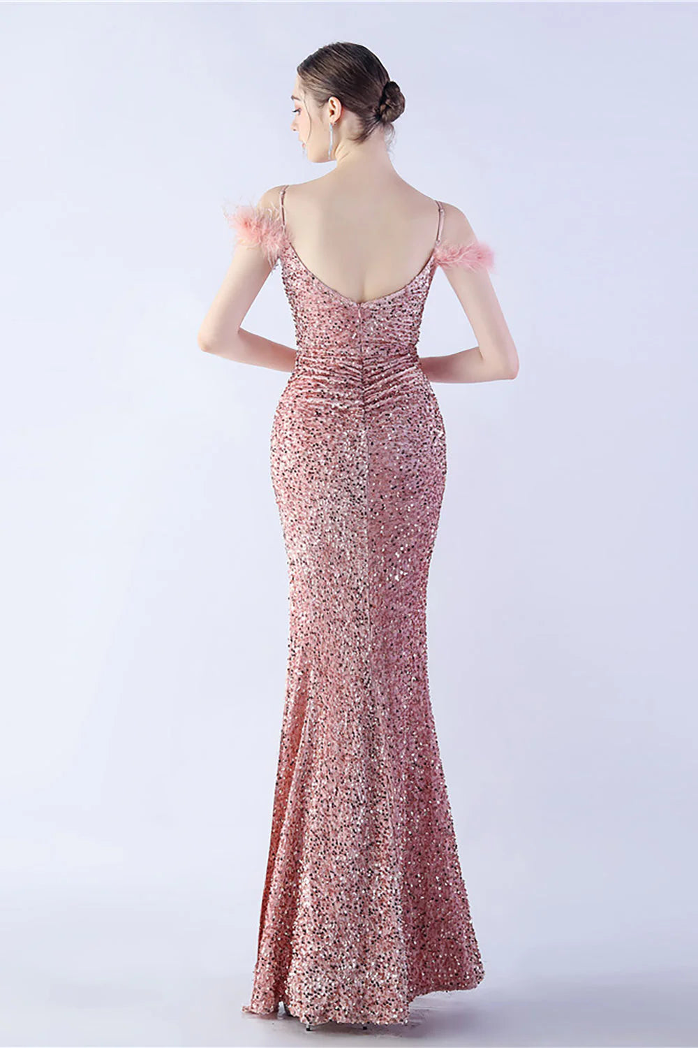 Mermaid Spaghetti Straps Sequin Formal Dress With Feathers