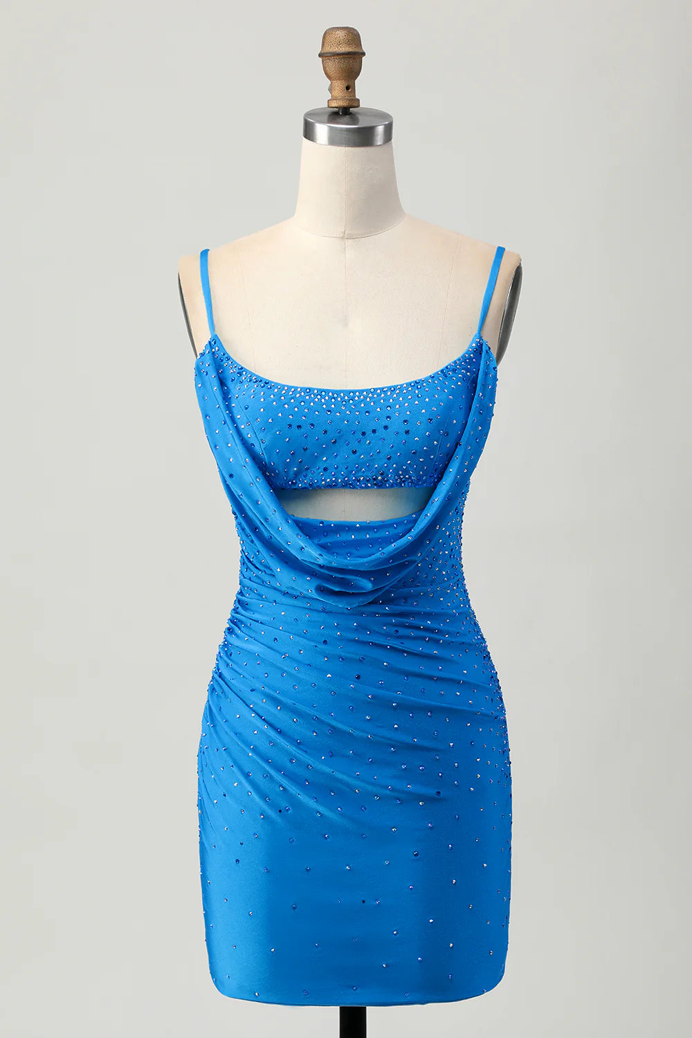 Sparkly Blue Spaghetti Straps Bodycon Ruched Mini Homecoming Dress with Beading