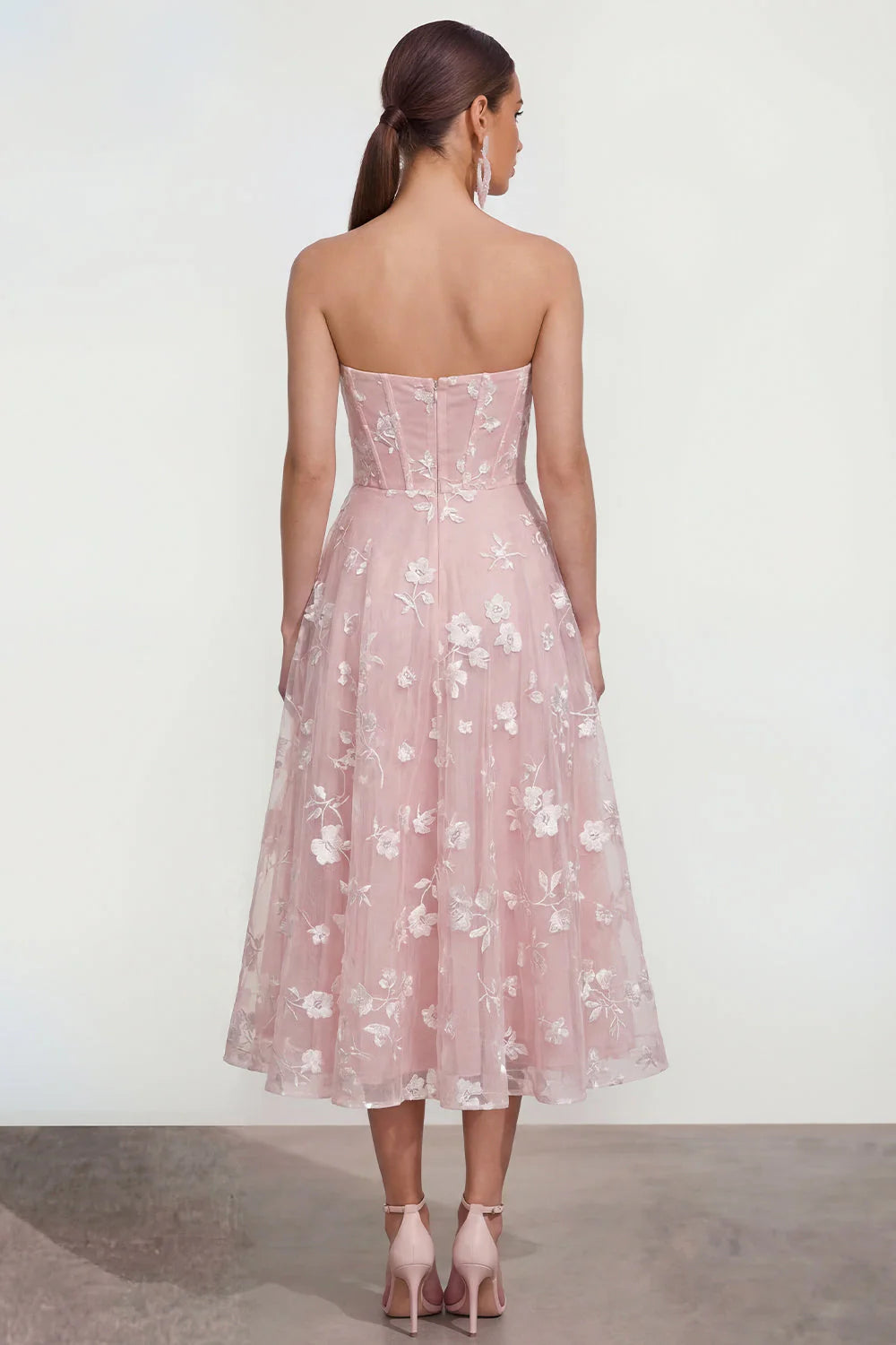 Strapless Floral Blue A Line Wedding Guest Dress