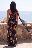 Black Sweetheart Mermaid Floral Wedding Guest Dress with Scarf