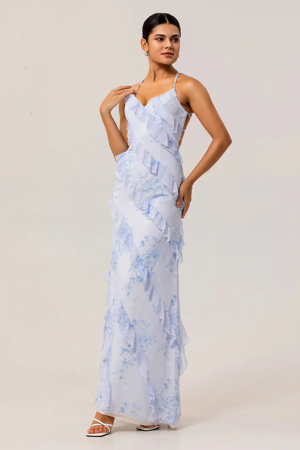 Blue Sheath Backless Print Floral Long Plus Size Bridesmaid Dress with Lace Up Back