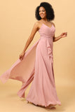 Blush A Line V Neck Chiffon Ruffled Long Bridesmaid Dress with Slit