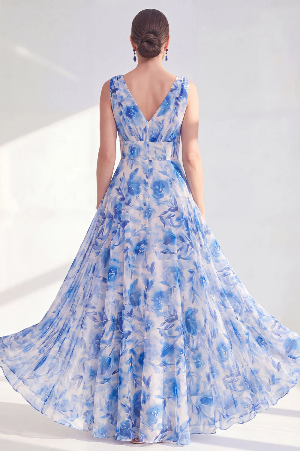 Blue A Line V Neck Floral Mother of the Bride Dress