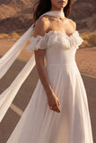 Off the Shoulder Ivory A Line Ruffled High Low Wedding Dress with Sash