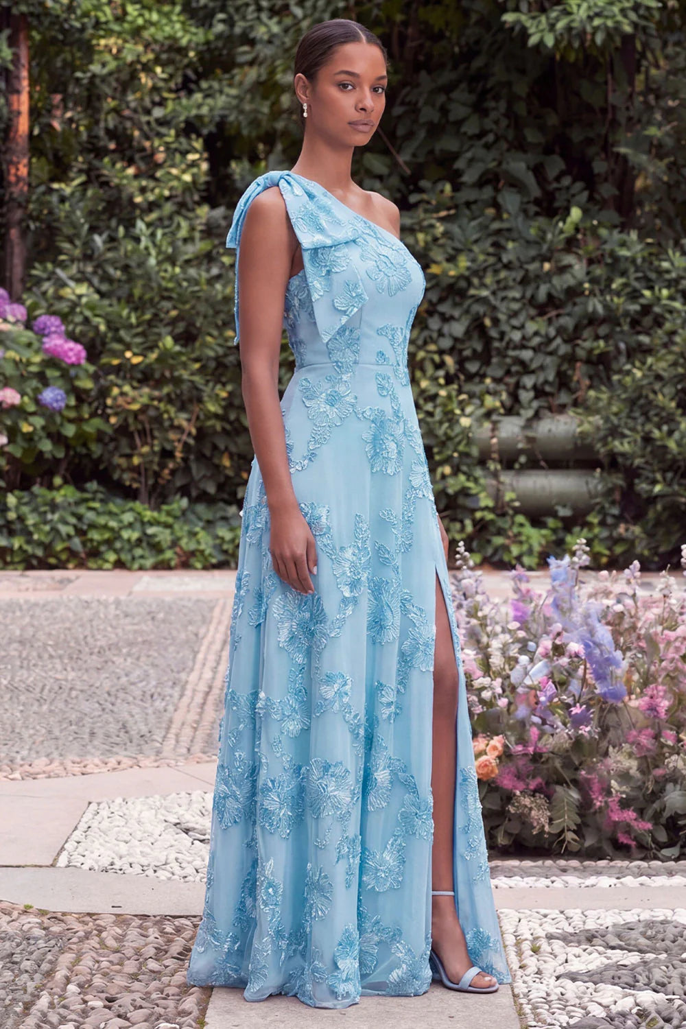 Daffodil A Line Floral Embroidery One Shoulder Wedding Guest Dress with Slit