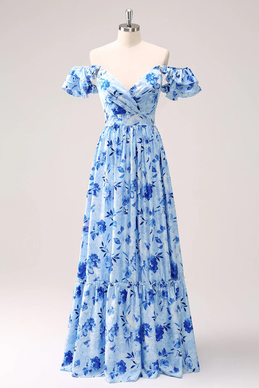 Blue A Line V Neck Ruched Floral Long Bridesmaid Dress