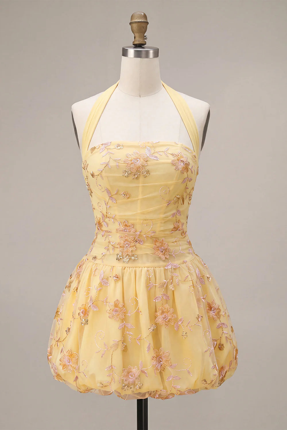 Yellow Halter Corset A Line Embroidered Short Homecoming Dress