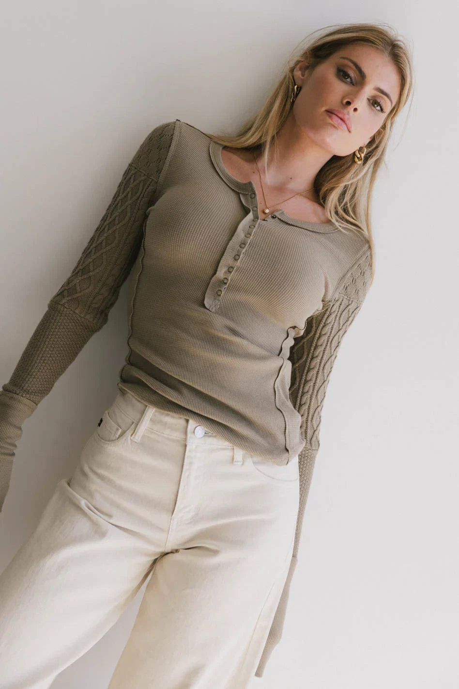 Naomi Cable Knit Sleeve Top in Olive FINAL SALE
