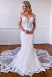 Mermaid Off the Shoulder Short Sleeves Long White Lace Bridal Dress