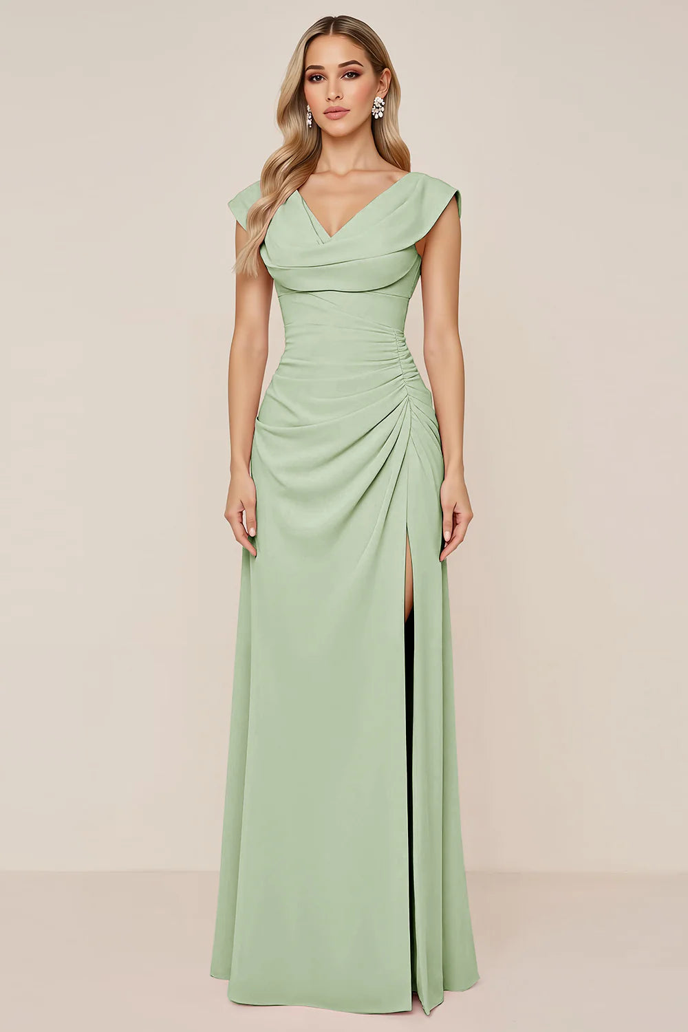 Burgundy A Line Cowl Neck Long Bridesmaid Dress with Slit