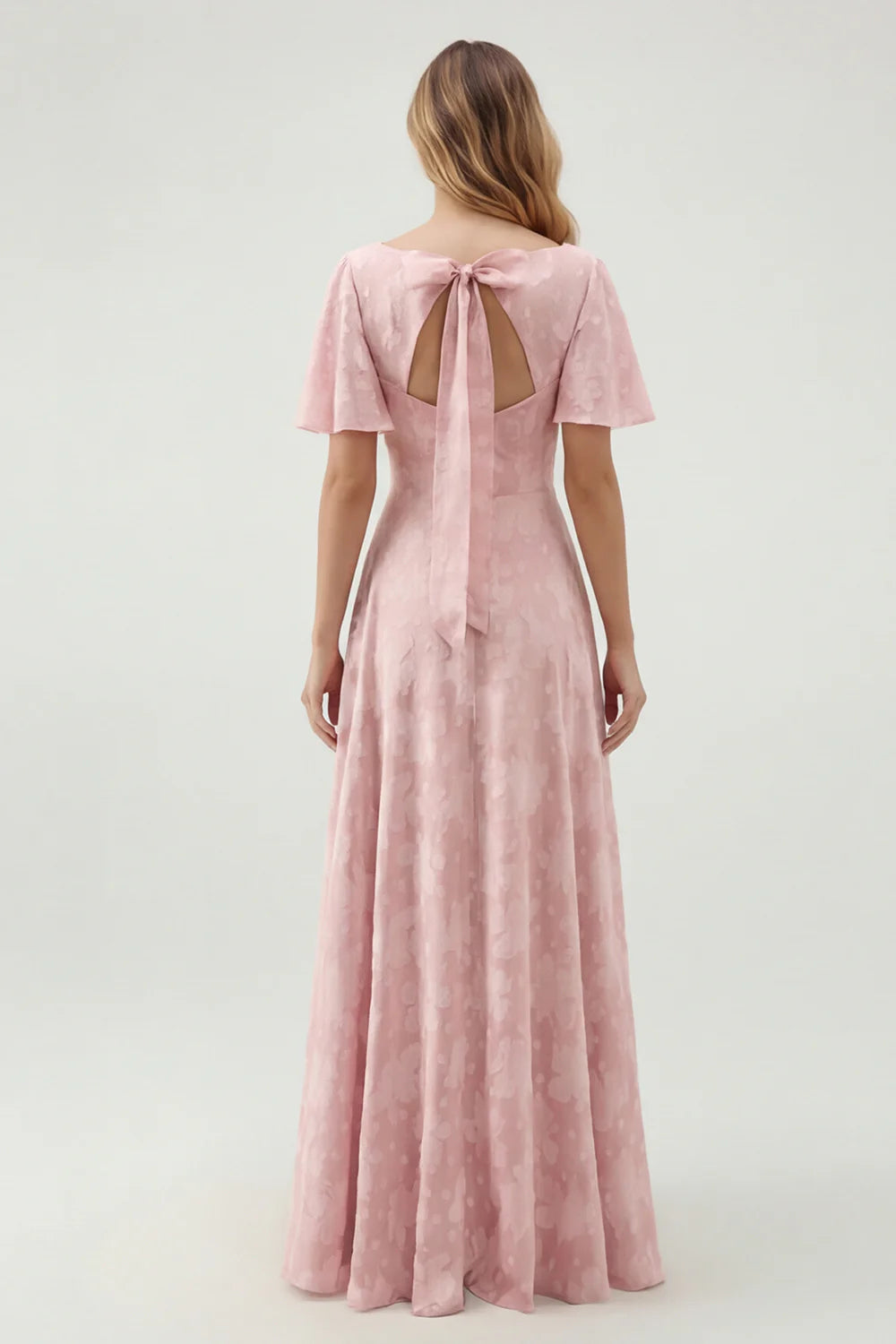 A Line Sage Green Floral Jacquard Flutter Sleeves Maxi Dress with Bow Back