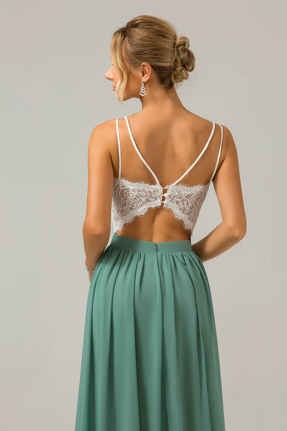 Eucalyptus A Line Spaghetti Straps Pleated Long Bridesmaid Dress With Lace