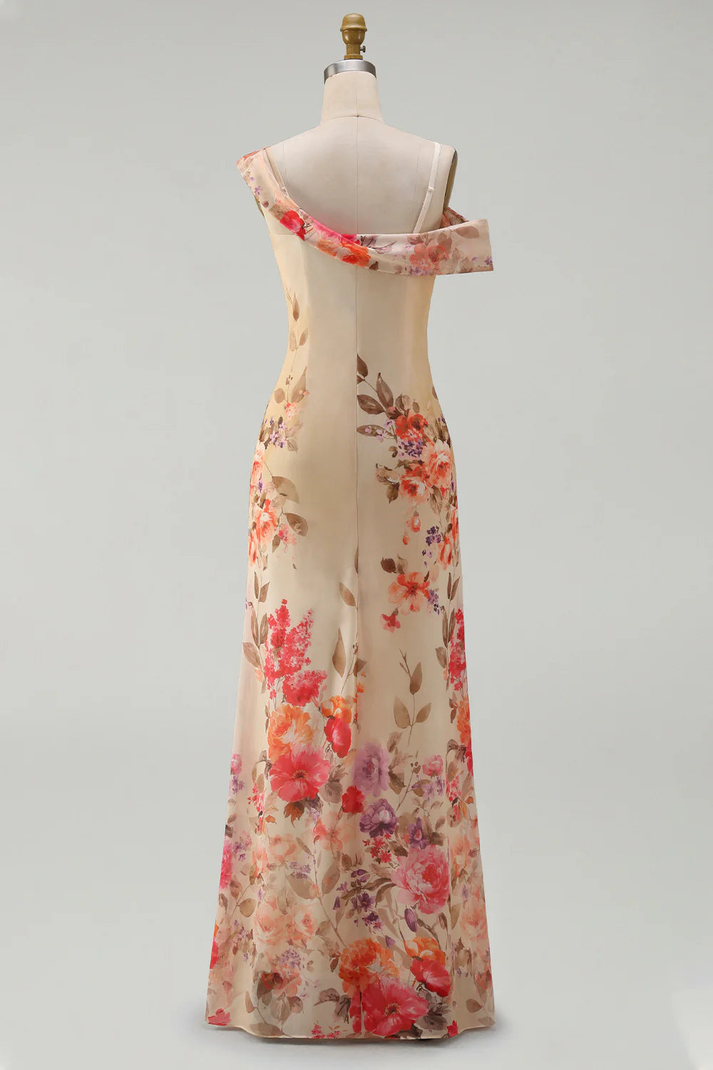 Champagne Asymmetrical Neck Floral Wedding Guest Dress