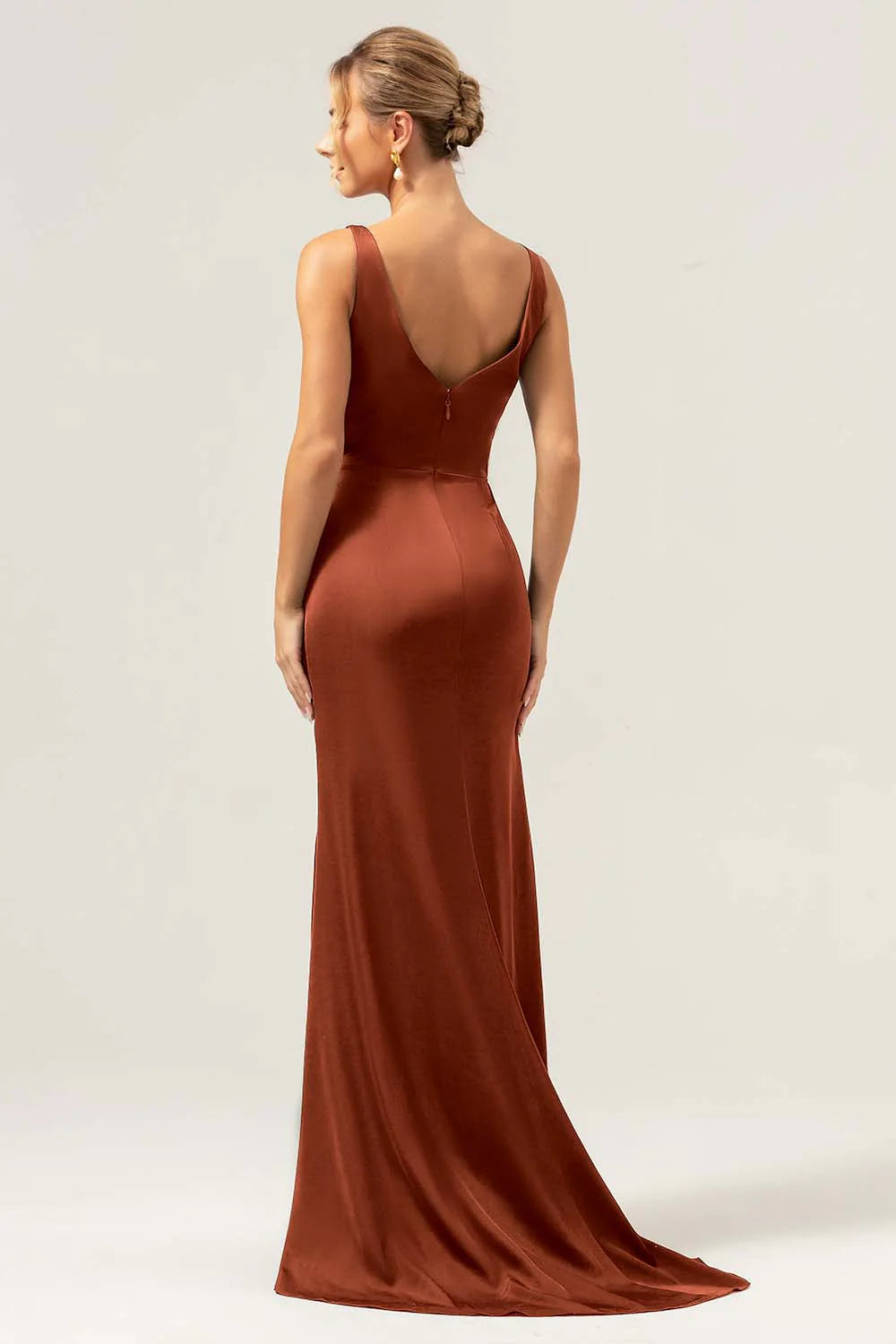 Burgundy Mermaid V Neck Ruched High Low Long Satin Bridesmaid Dress with Slit