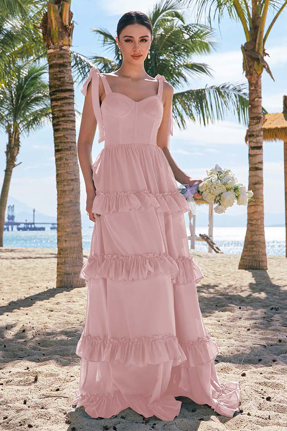 Eucalyptus A Line Bow Tie Straps Corset Tiered Long Bridesmaid Dress with Slit