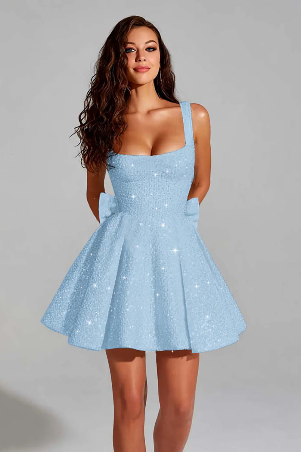 Sparkly Black A Line Square Neck Homecoming Dress with Bow