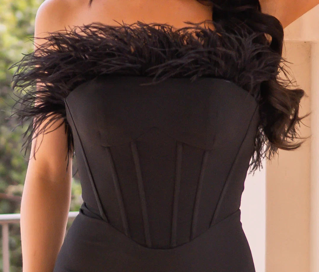 Sloane Corset Gown Black Feather Trim Dress