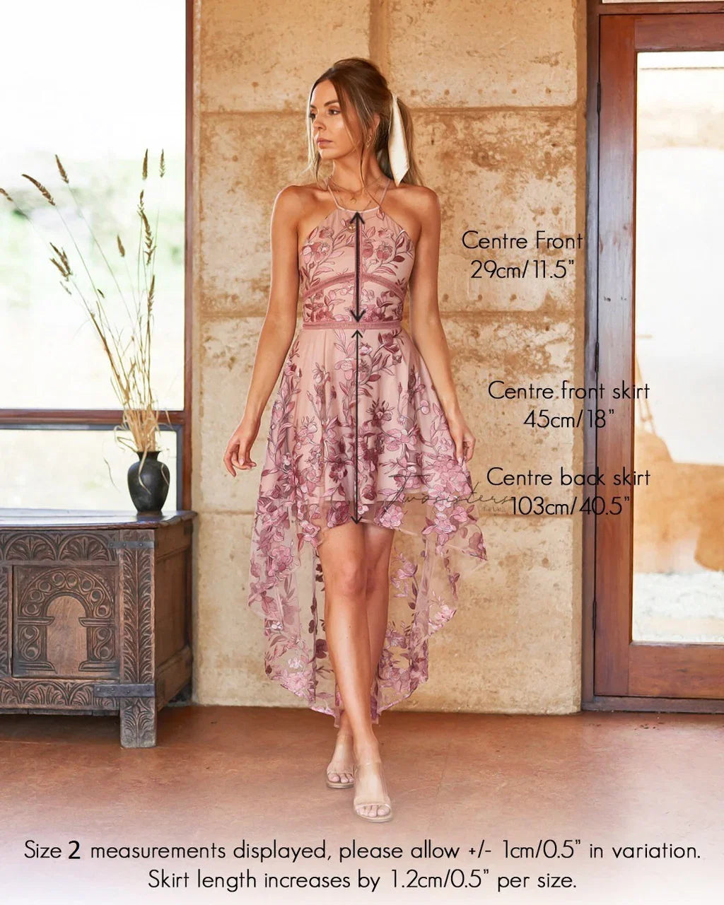 Jennifer Dress Embroidered Floral High Low Hemline