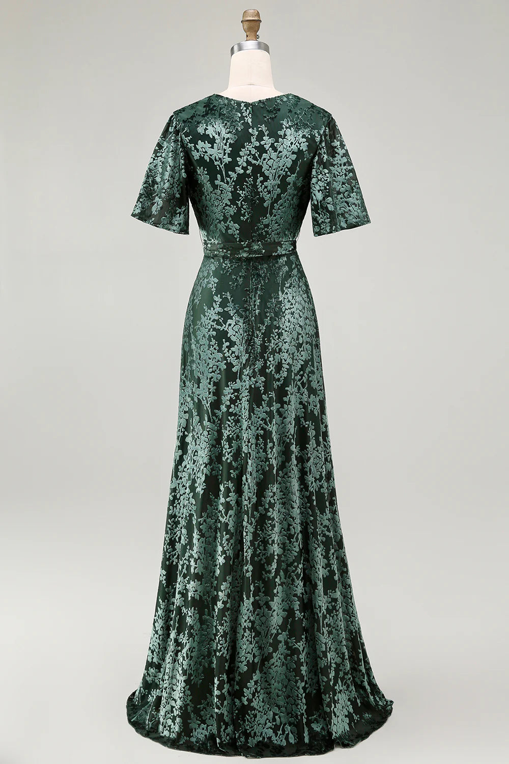 A Line V Neck Dark Green Burnout Velvet Floor Length Dress with Short Sleeves