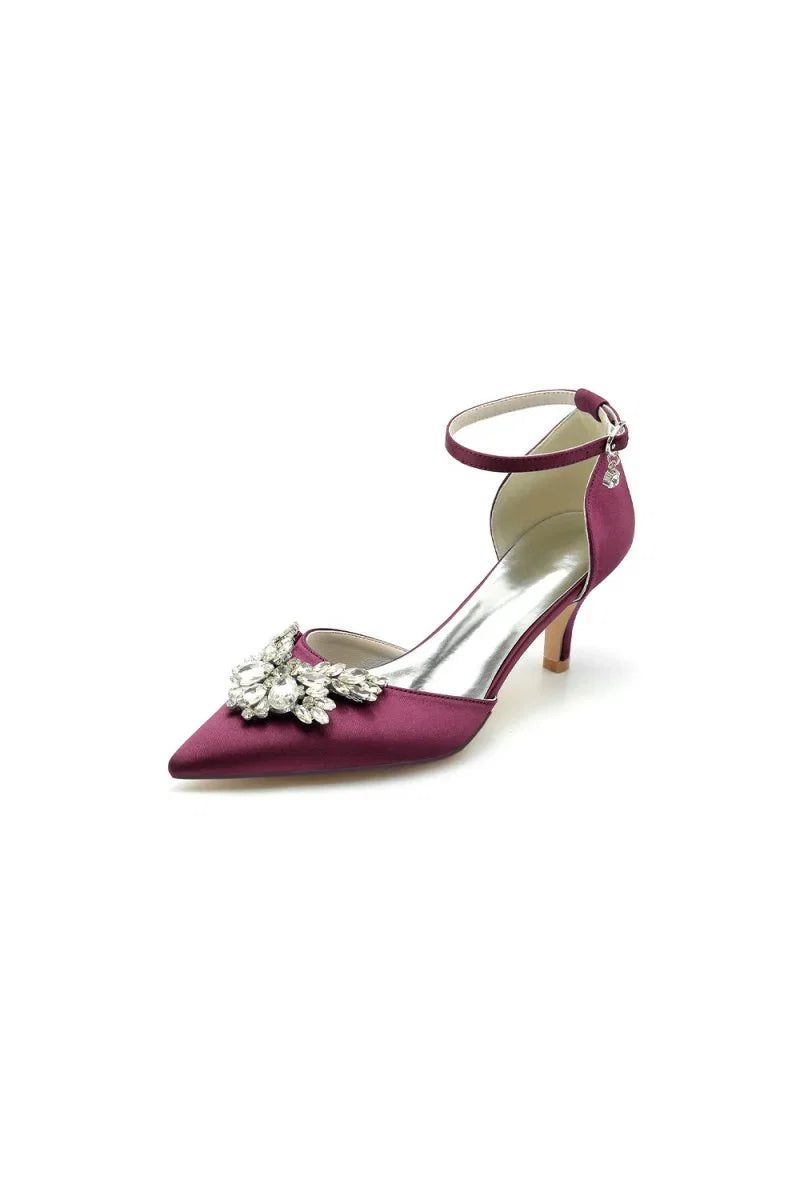 Pointed Toe Satin Kitten Heels With Rhinestone
