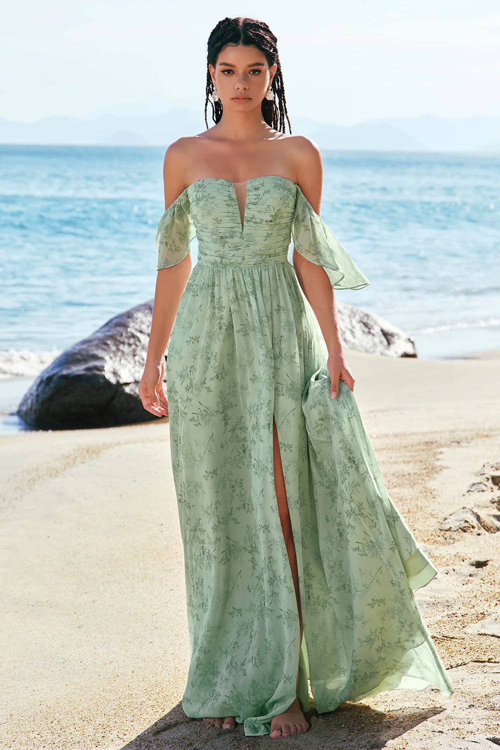 Dusty Sage A Line Off The Shoulder Pleated Long Floral Bridesmaid Dress with Slit