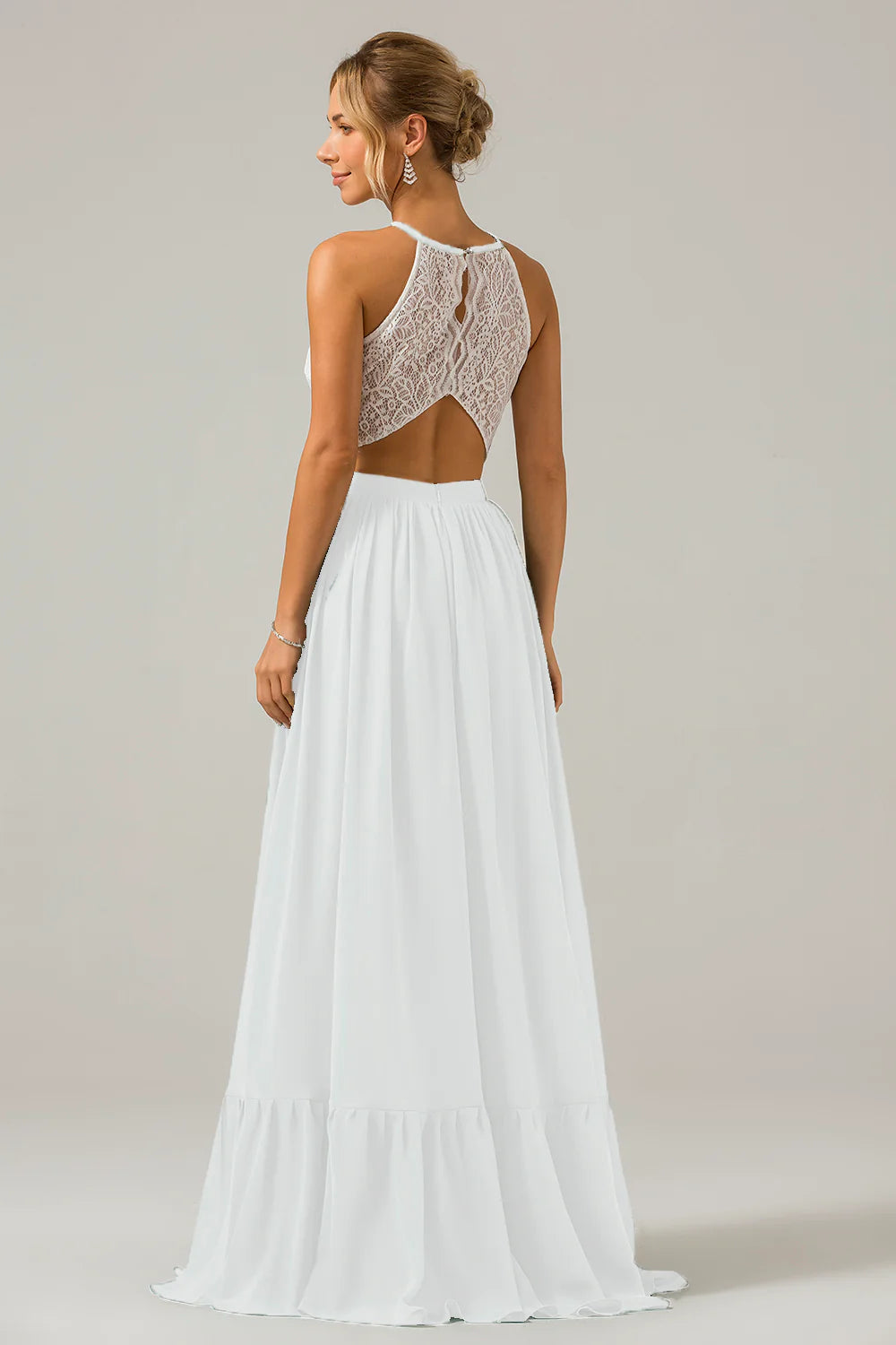 A Line Halter Pleated Keyhole Chiffon Bridesmaid Dress With Lace