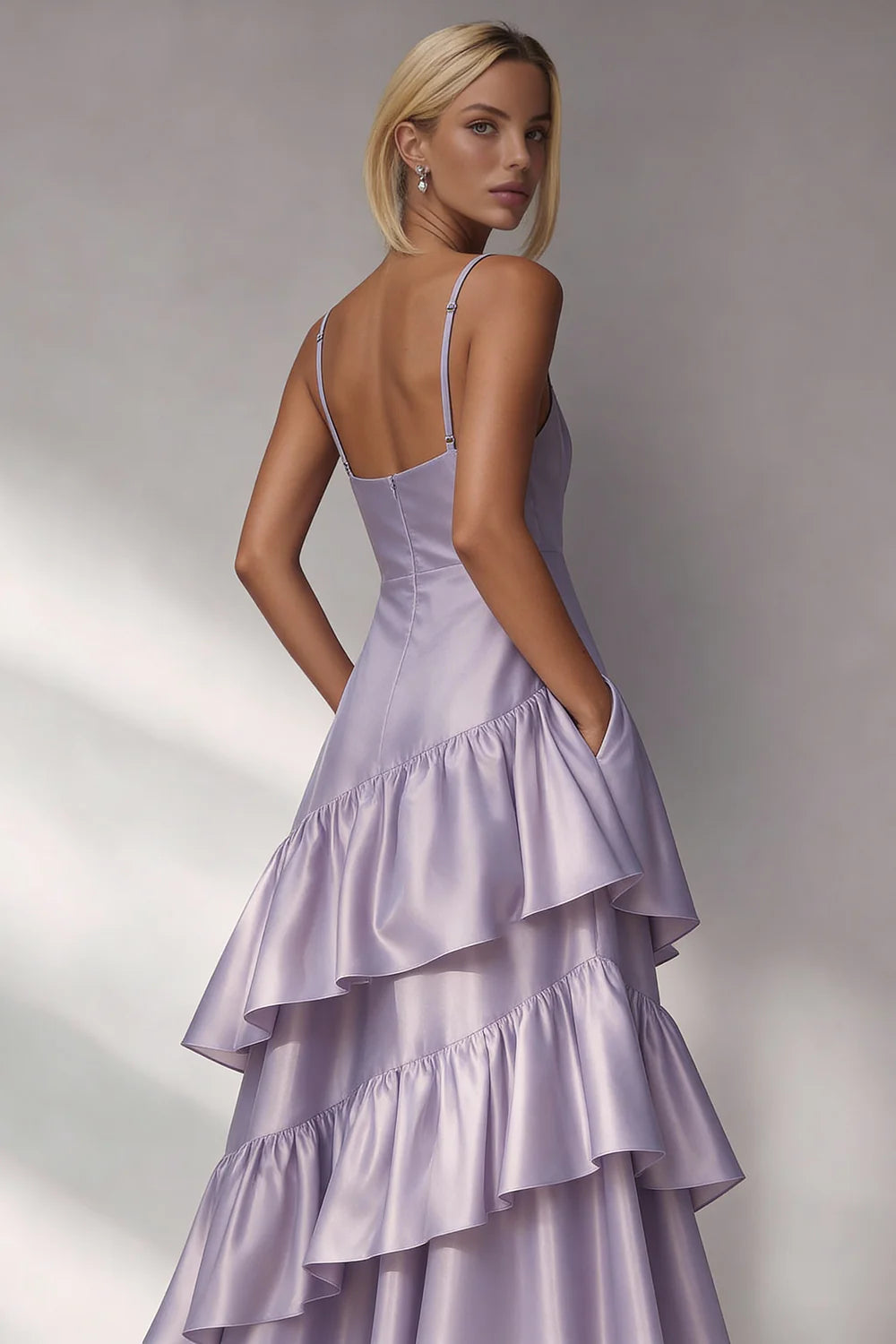 Light Blue A Line Tiered Ruffle Spaghetti Straps Long Formal Dress