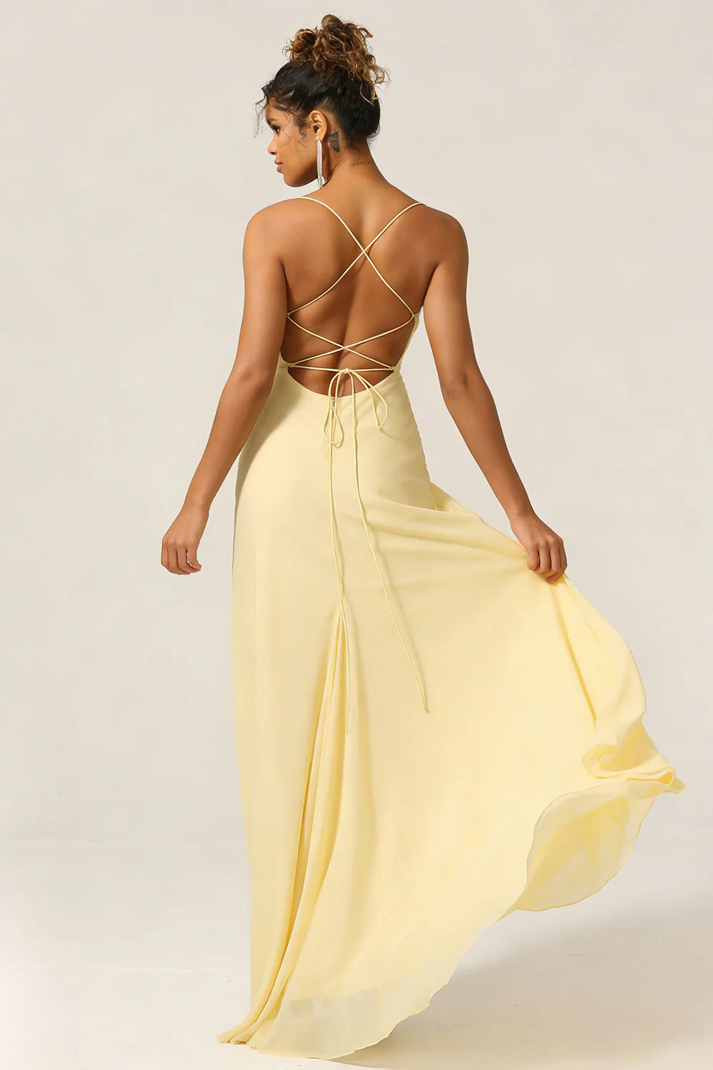 Blue Flower A Line Spaghetti Straps Chiffon Long Bridesmaid Dress with Slit