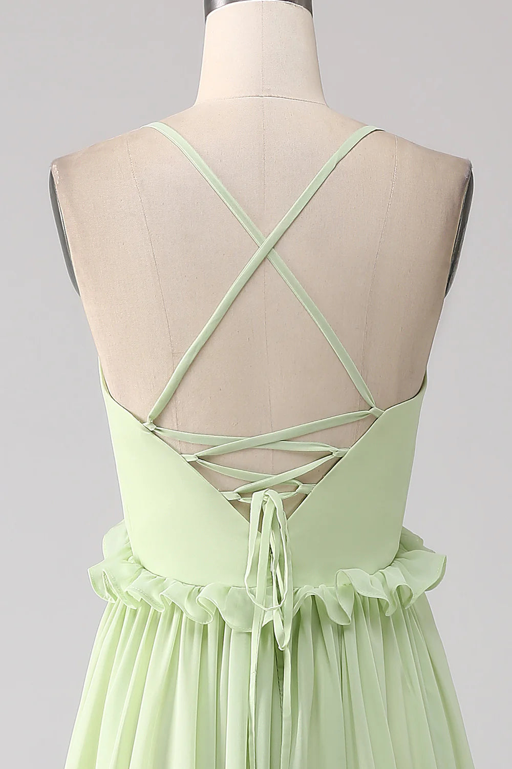 Light Green A Line Spaghetti Straps Backless Long Bridesmaid Dress With Ruffles
