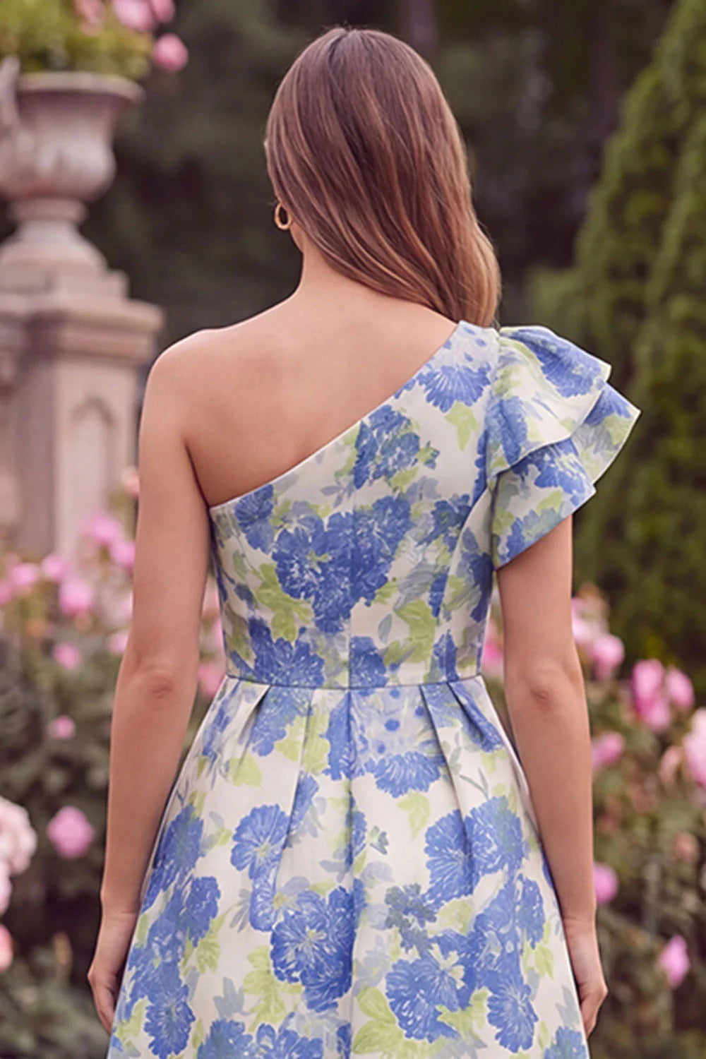One Shoulder Blue Floral A Line Ruffled Midi Wedding Guest Dress