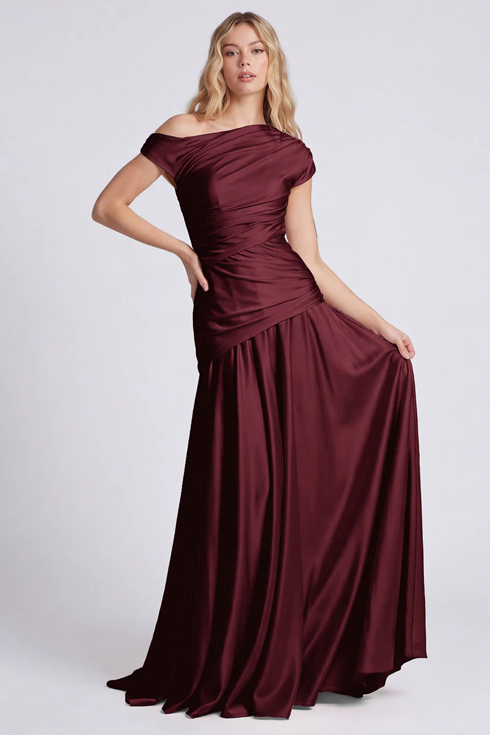 Off the Shoulder Champagne Ruched Satin Formal Dress