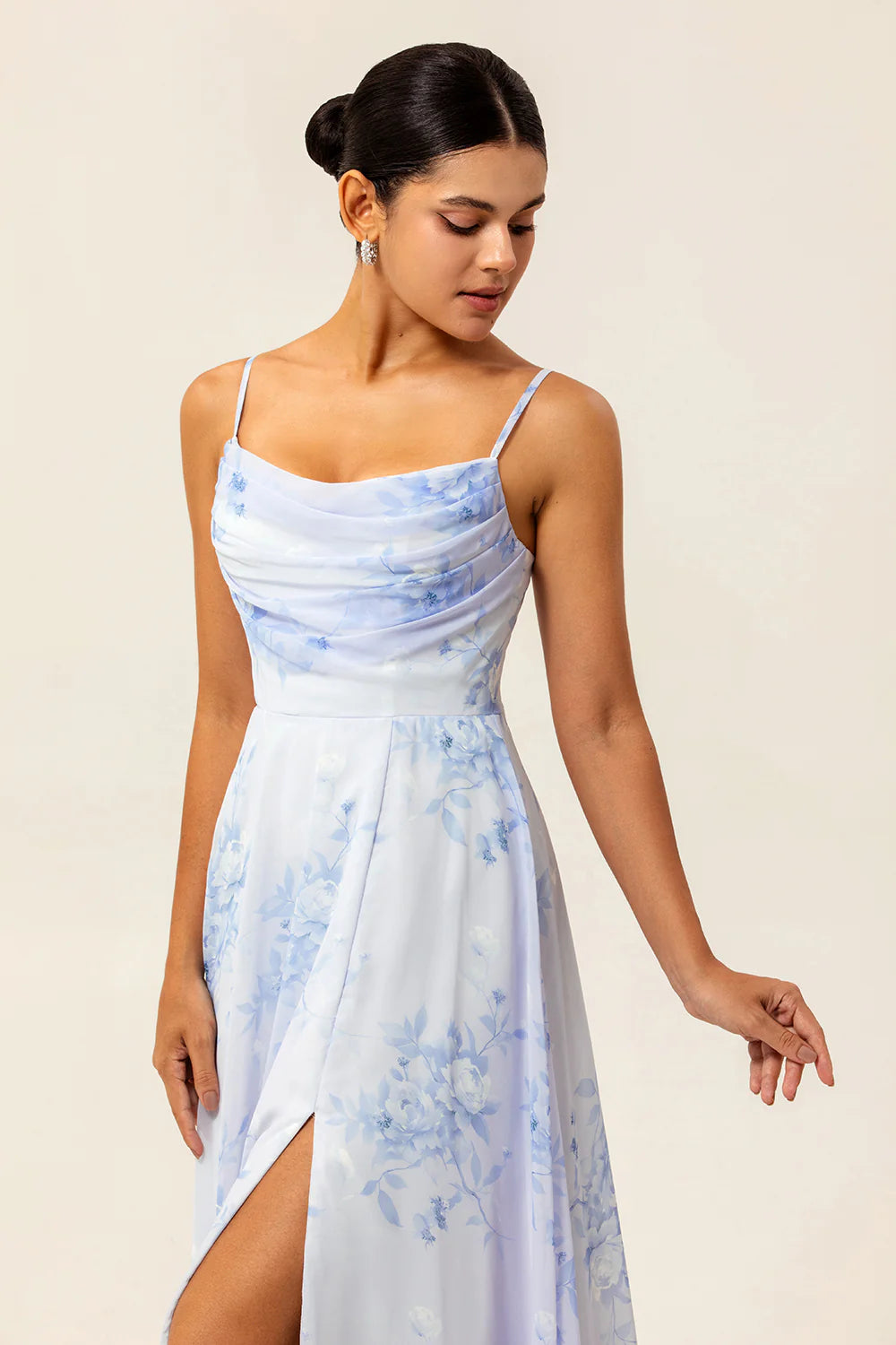 Blue A Line Spaghetti Straps Print Floral Chiffon Maxi Bridesmaid Dress with Slit