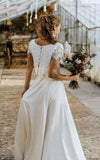 Vintage Boho Two Piece Bateau Satin and Lace Short Sleeve Wedding Dress with Pleats and Sweep Train