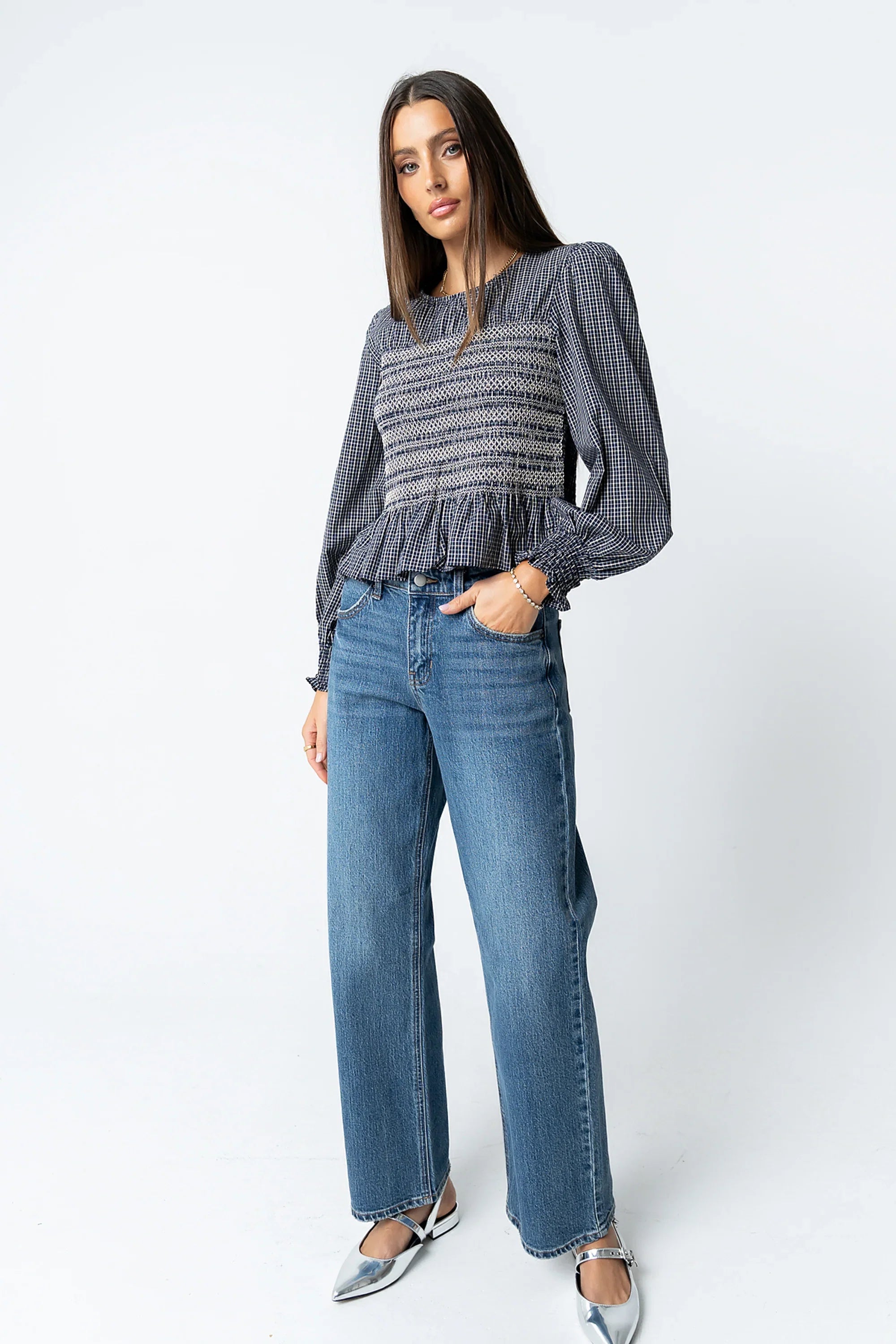 Kesley Smocked Blouse in Navy