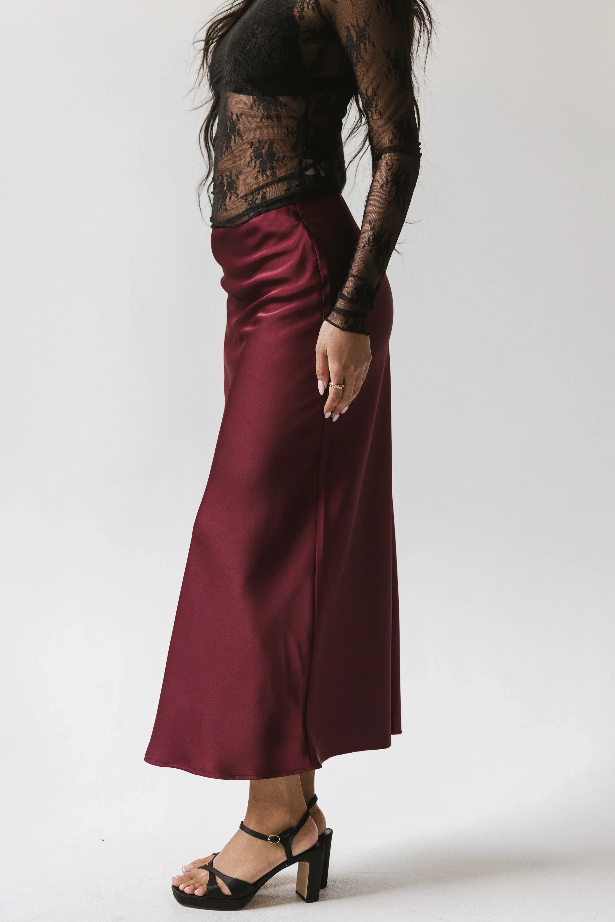 Tory Satin Maxi Skirt in Burgundy