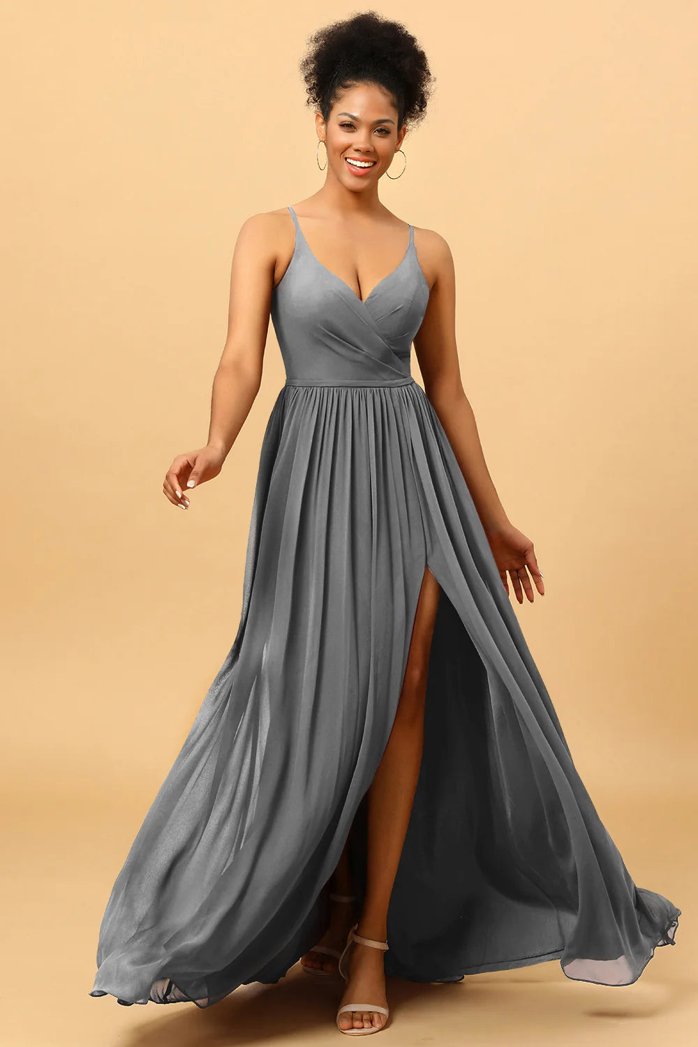 A Line Spaghetti Straps Ruched Long Chiffon Bridesmaid Dress with Slit