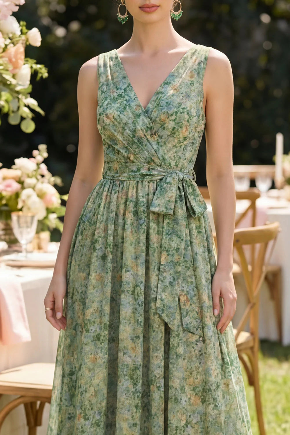 A Line Dusty Green V Neck Floral Wedding Guest Dress with Sash