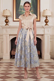 A Line Floral Jacquard Champagne Midi Mother of the Bride Dress with Flutter Sleeves