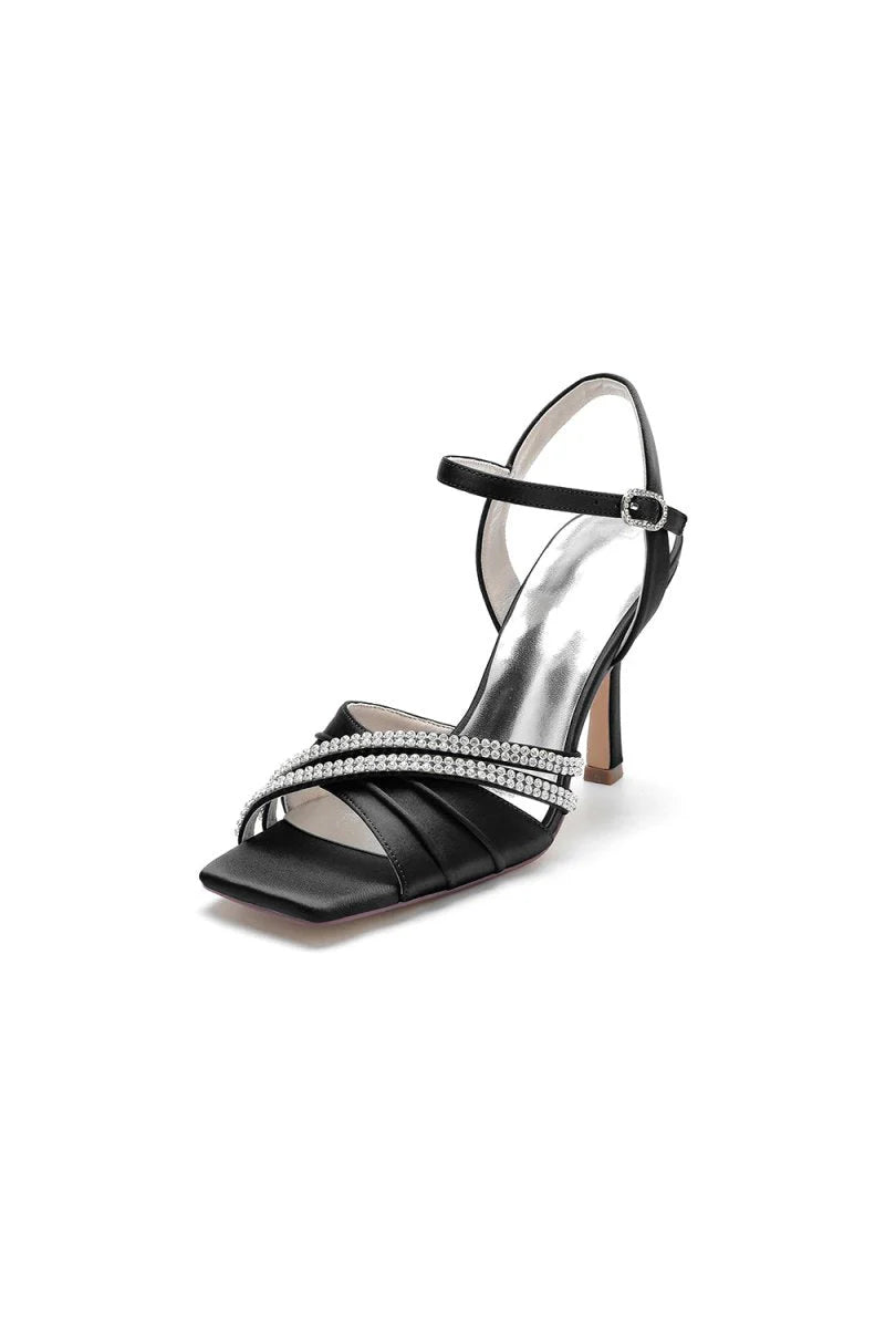 Crystal Straps Square Open Toe Chunky Heels