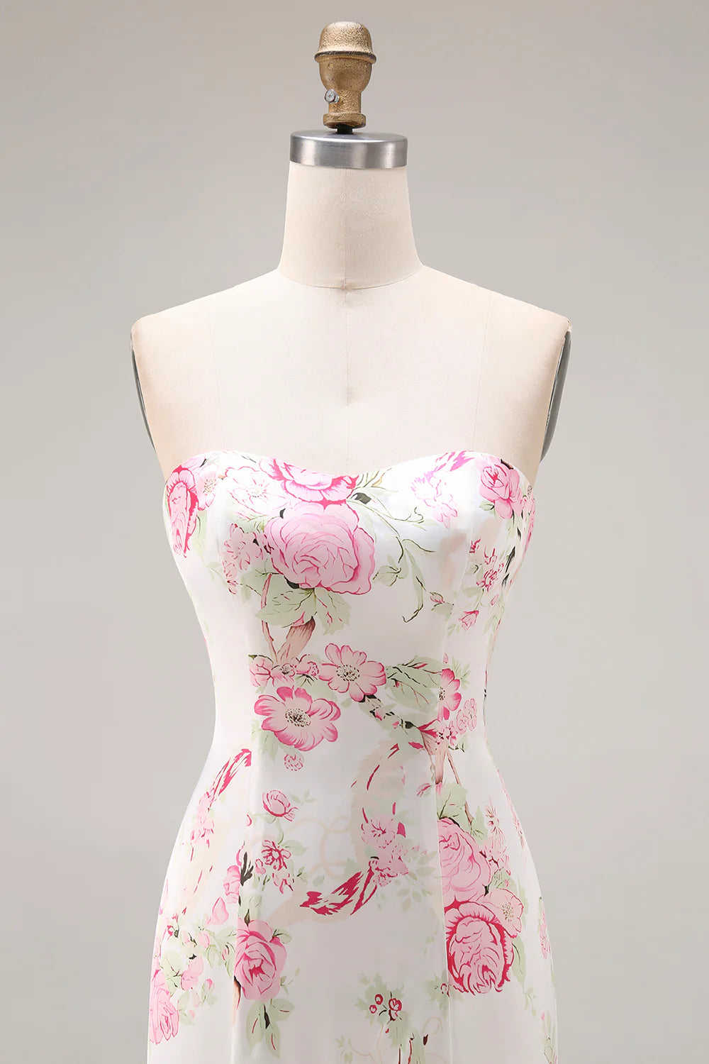 Strapless White Pink Flower Printed Mermaid Long Prom Dress