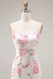 Strapless White Pink Flower Printed Mermaid Long Prom Dress
