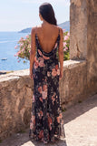 Black Mermaid Spaghetti Straps Floral Wedding Guest Dress