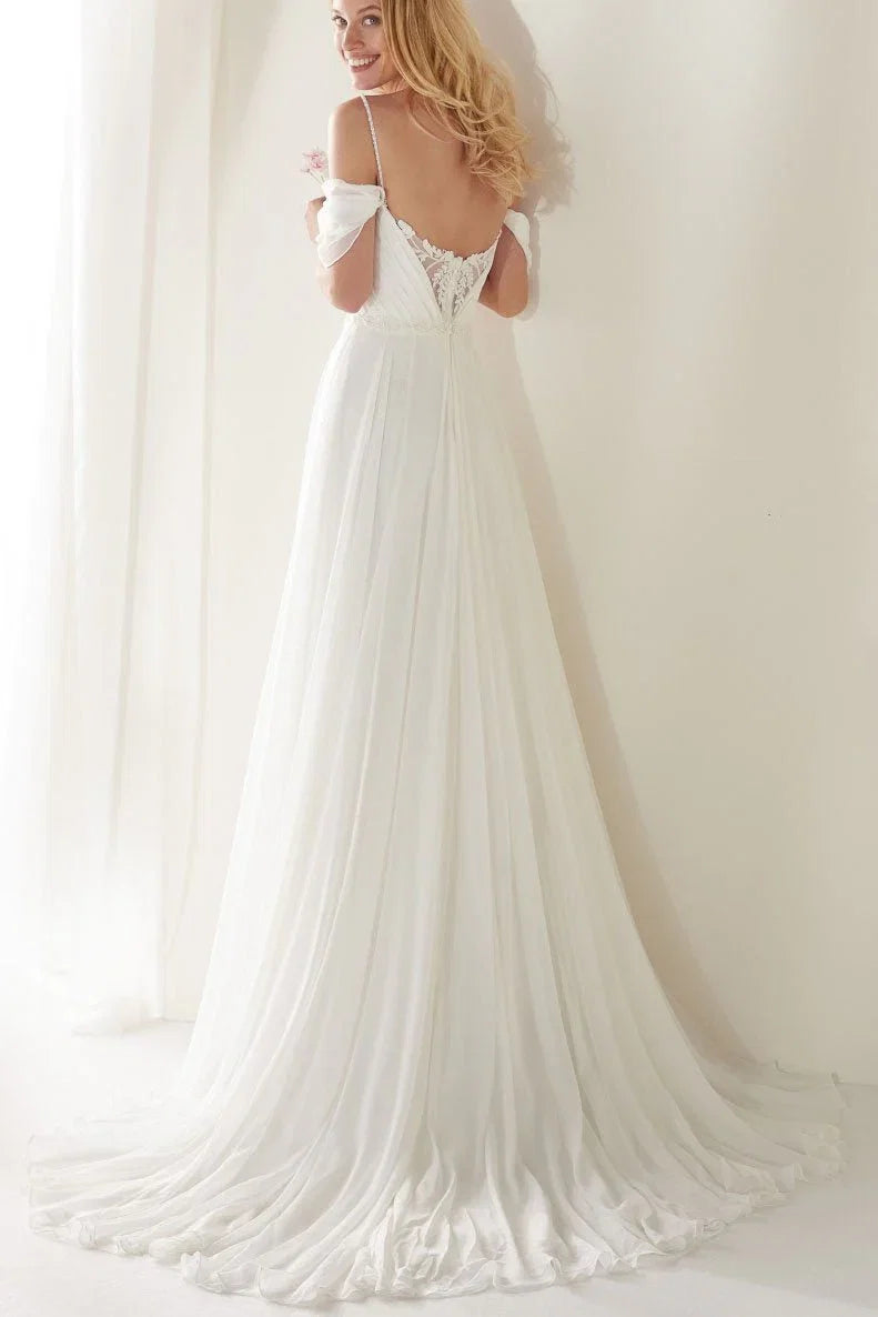A Line Spaghetti Straps Off the Shoulder Sweep Train Wedding Dress