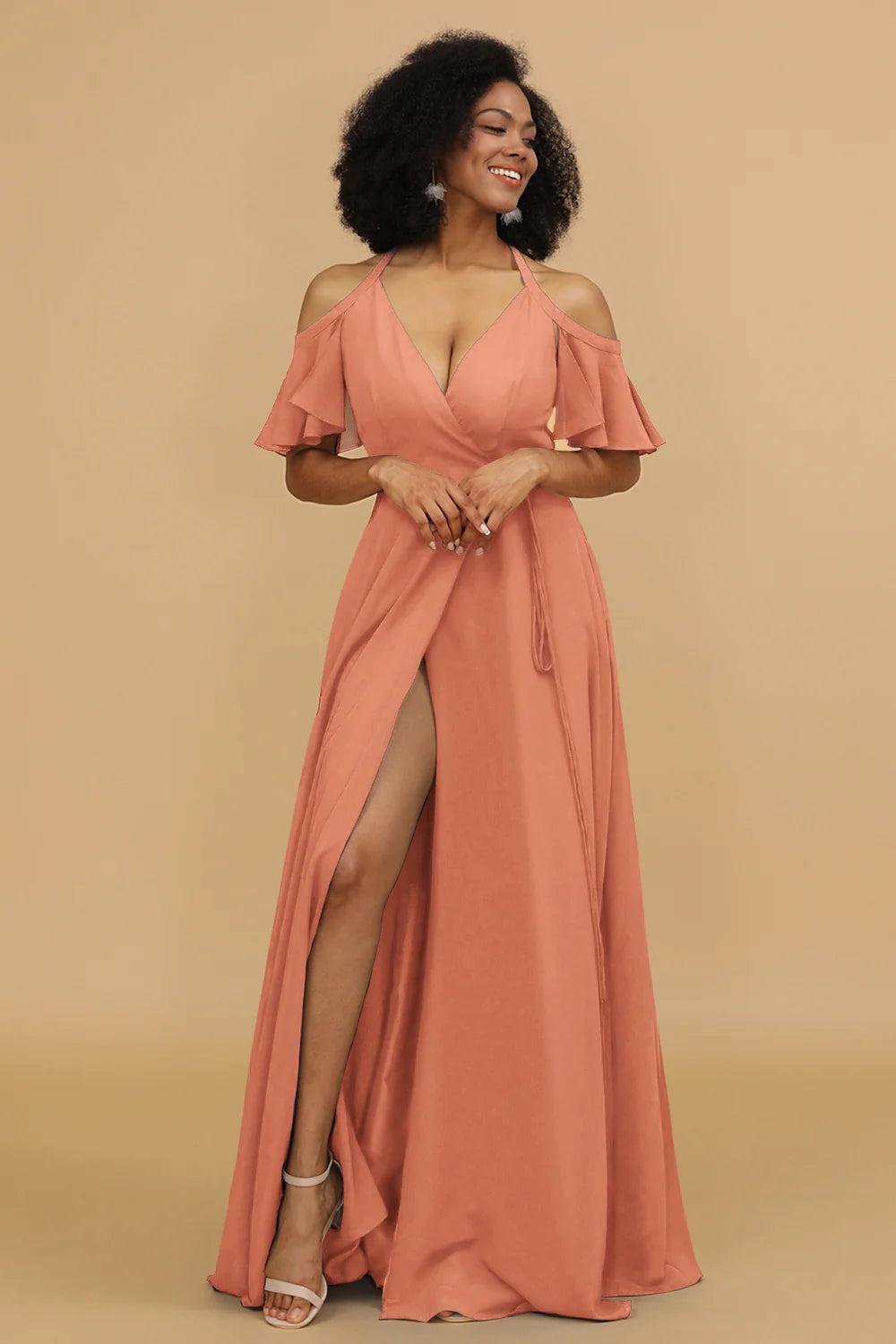 A Line Halter Cold Shoulder Chiffon Bridesmaid Dress with Slit