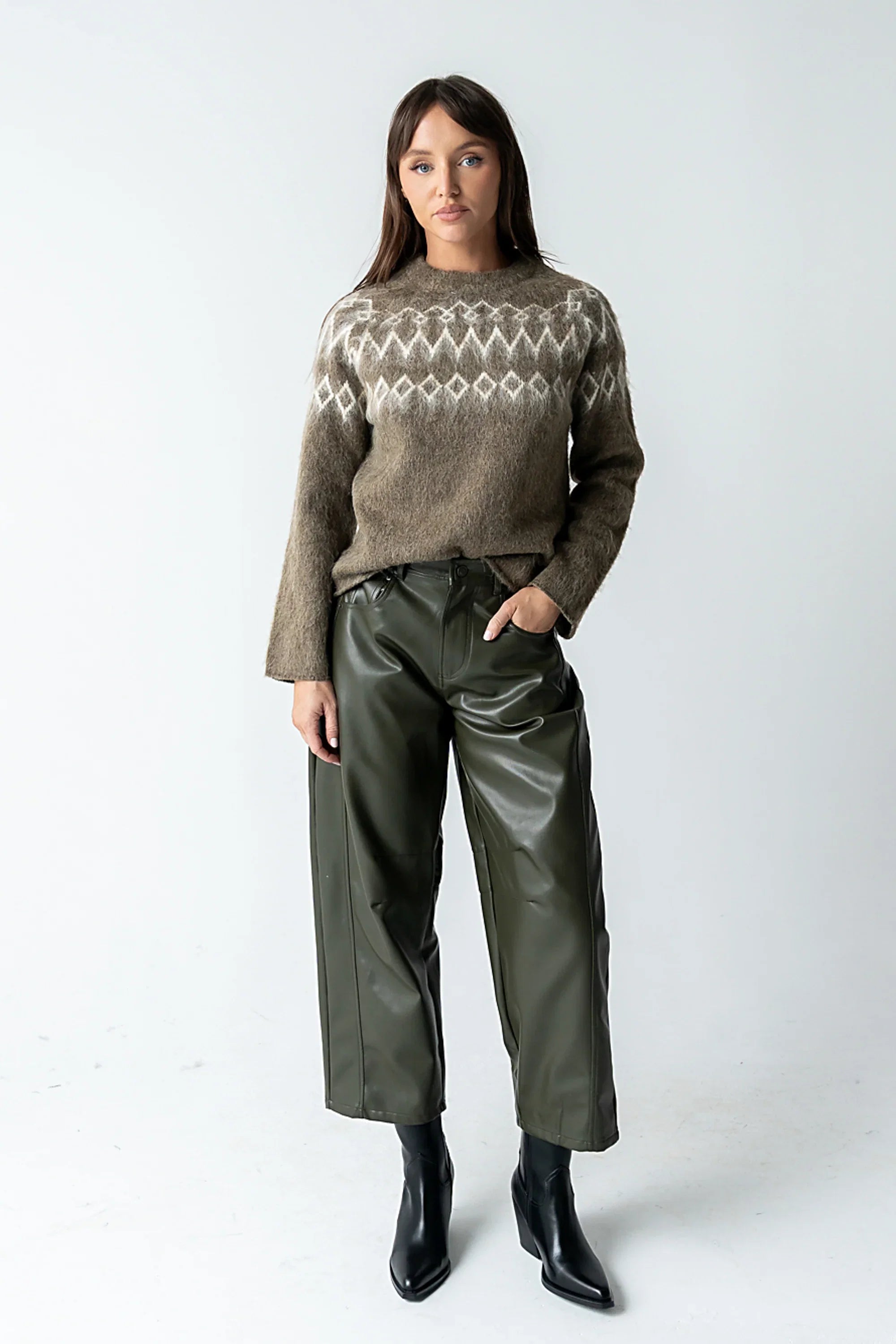 Langston Vegan Leather Barrel Jeans in Olive FINAL SALE