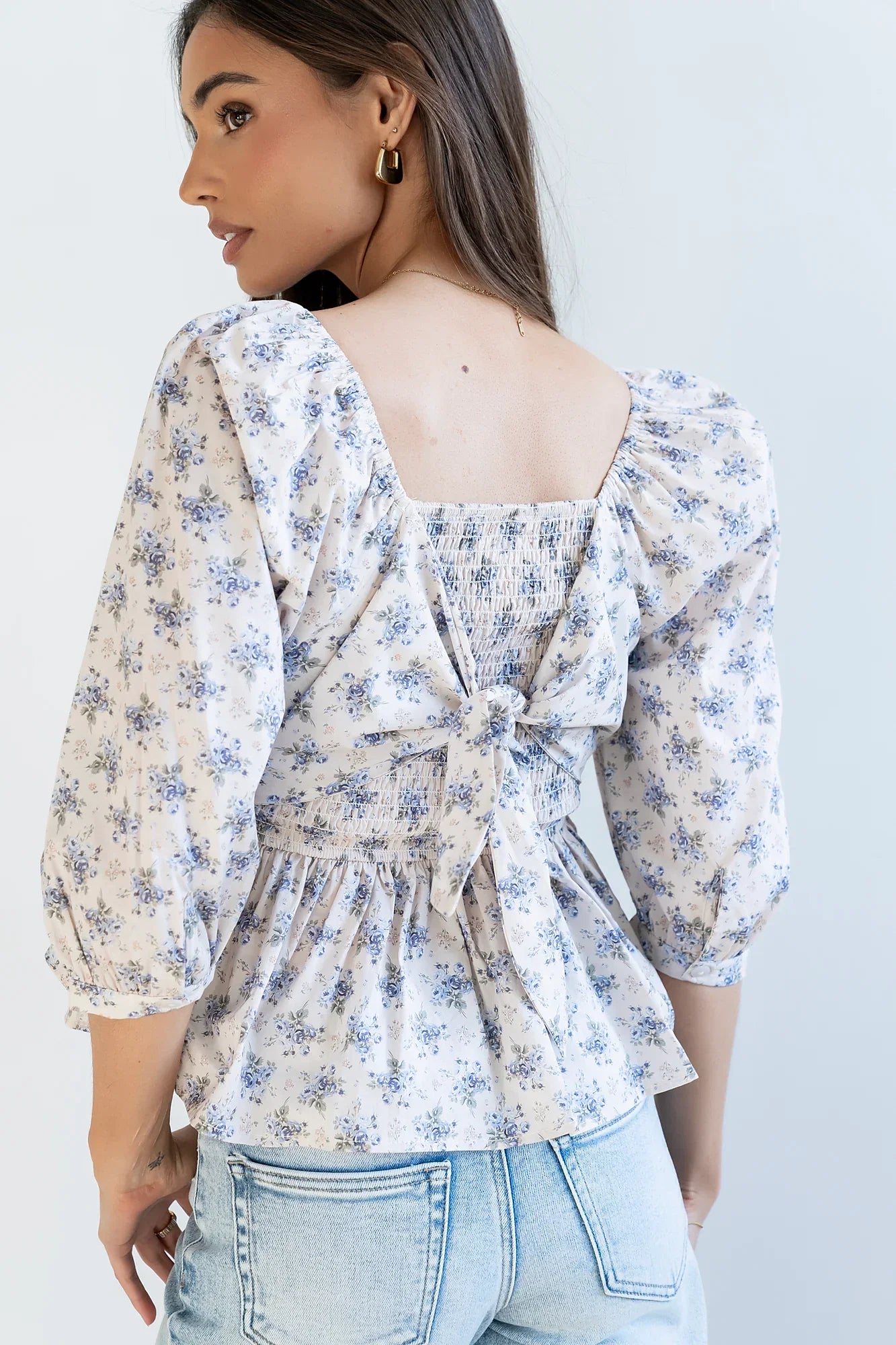 Jerzey Floral Peplum Blouse in Ecru