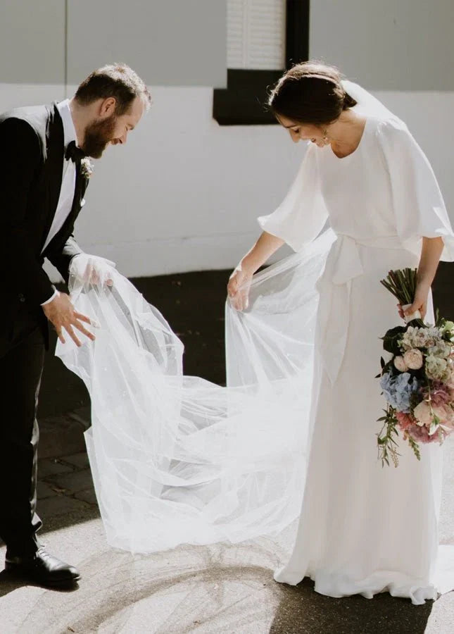 Simple Elegant Half Sleeves Crepe O Neck White Wedding Dresses with Sash