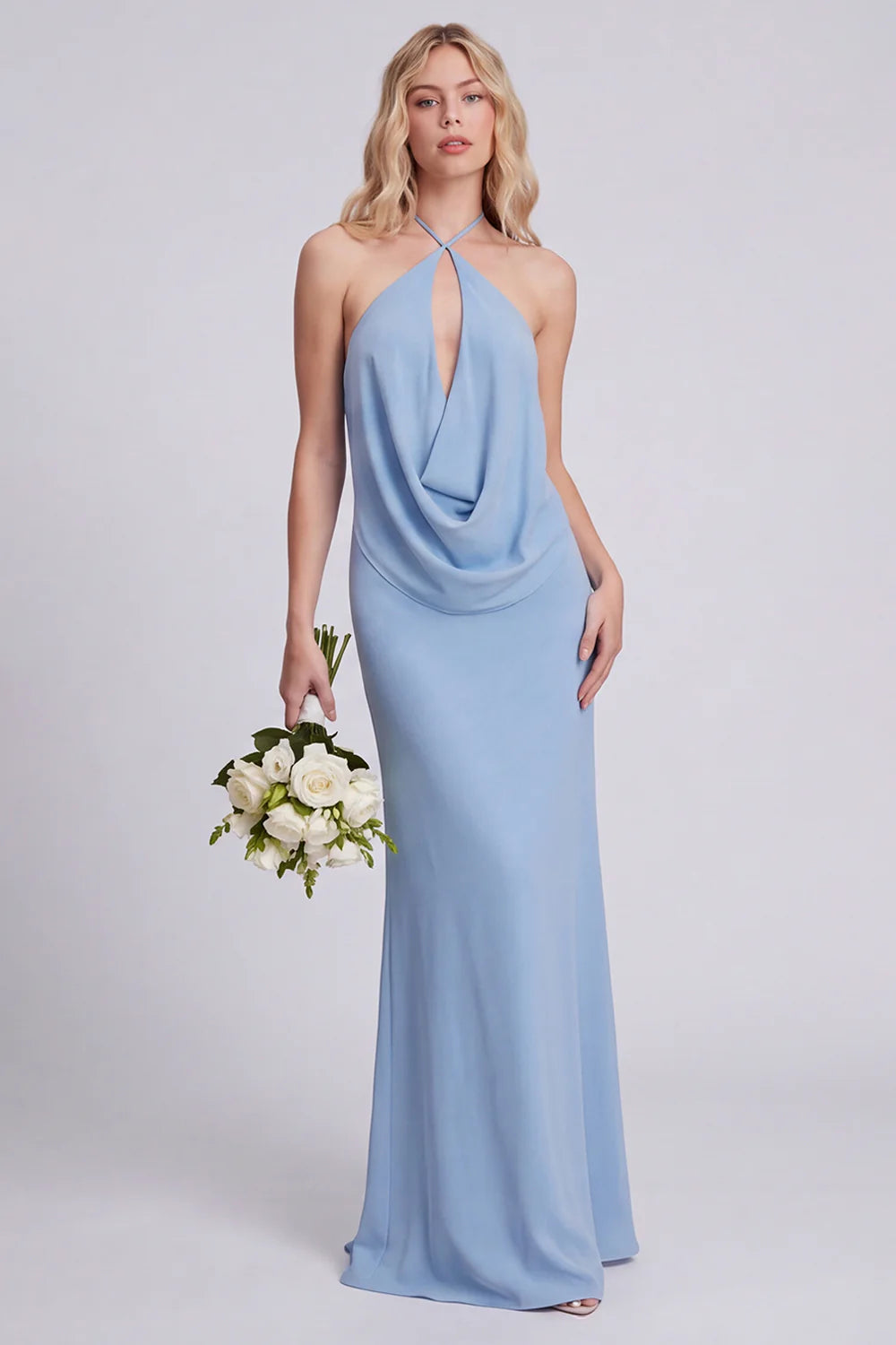 Light Blue Halter Backless Mermaid Bridesmaid Dress