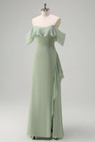 Light Green Sheath Off The Shoulder Chiffon Long Bridesmaid Dress with Ruffle Slit